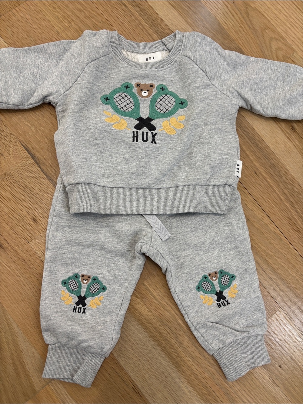 Huxbaby Grey Sweatshirt & Joggers Set with Green and Yellow Tennis Bear Motif